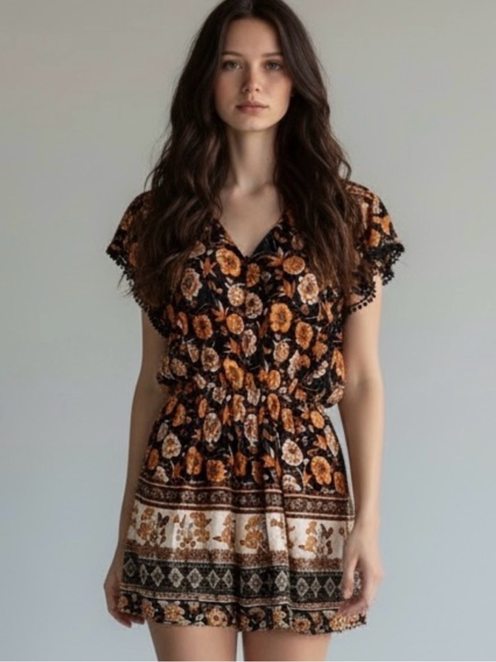 entro black floral romper - with rust & cream Blooms - boho style - v neck